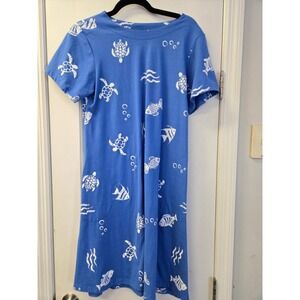 Links Blue Sea Turtle Fish Print T-Shirt Dress Short Sleeve Pockets Small